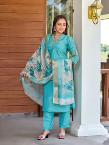Ihracat tarafından fantezi dijital baskılı Dupatta ile nakış iş üst pantolon ile 2025 yeni başlatılması saf Simmer - Product Image 3