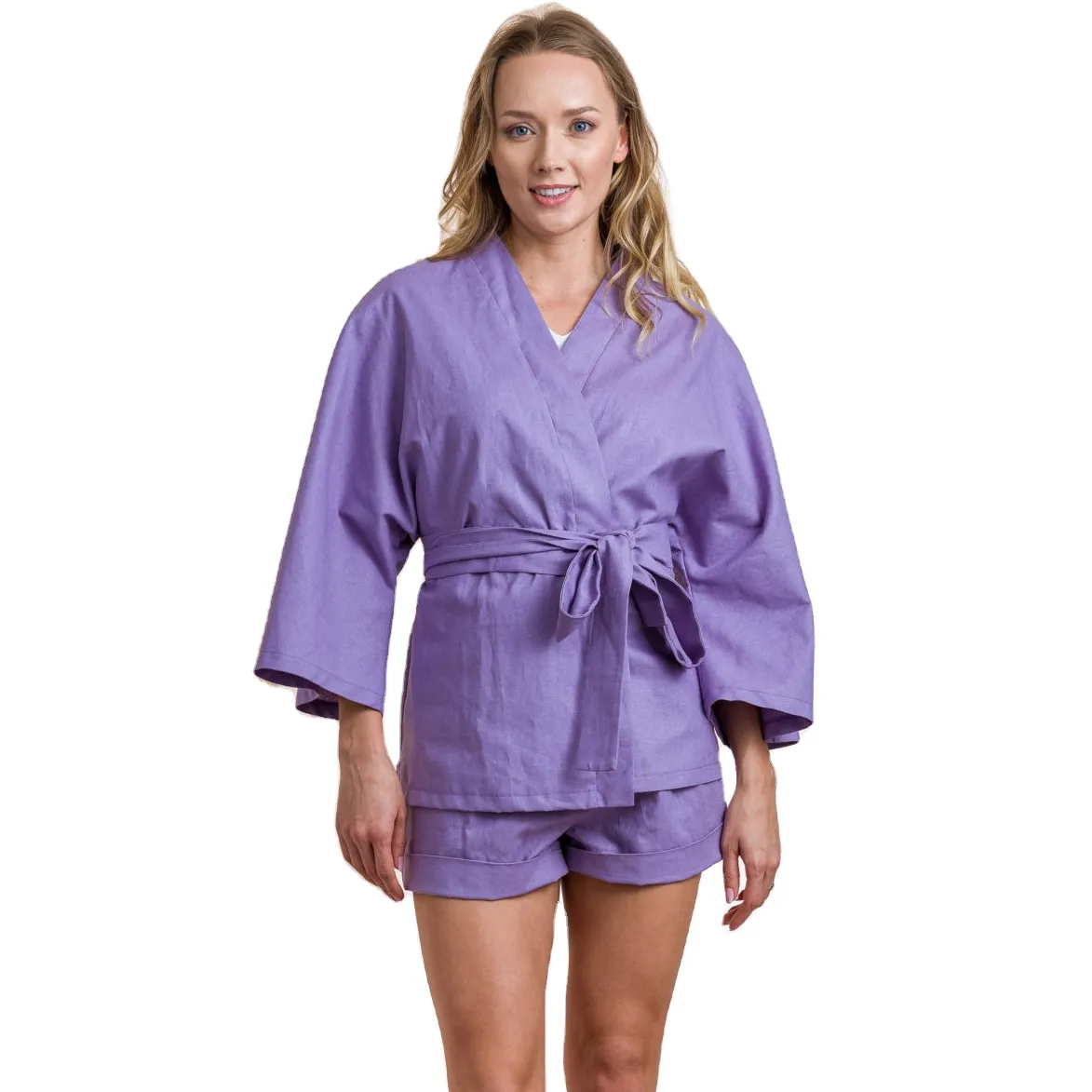 Vestido kimono de linho orgânico com manga longa, vestido frontal aberto para praia verão