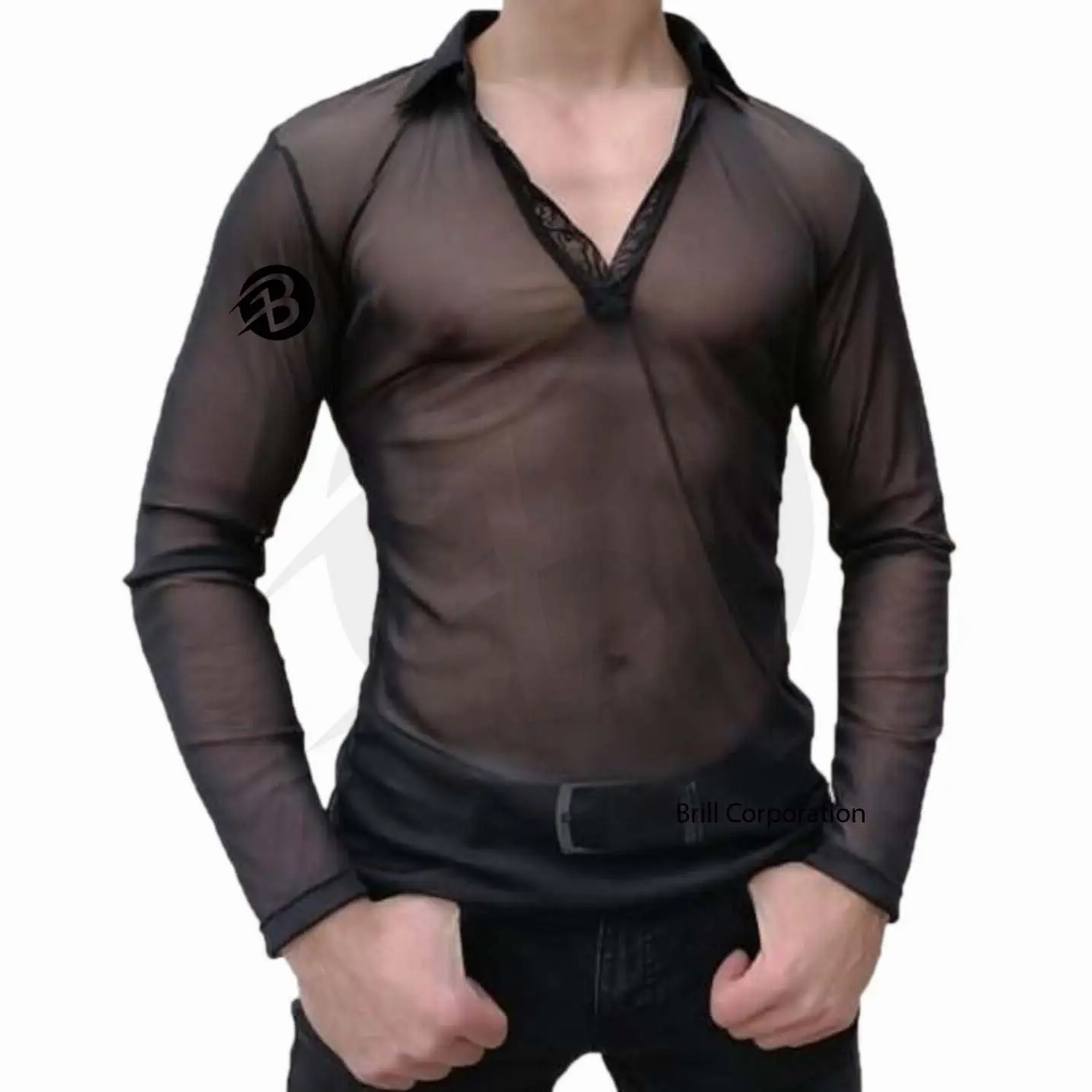 Men Sheer Mesh Long Sleeve See Through Tee Shirt \ Casual Wear Down Collar Light Weight Transparent Sheer Mesh T Shirt For Men