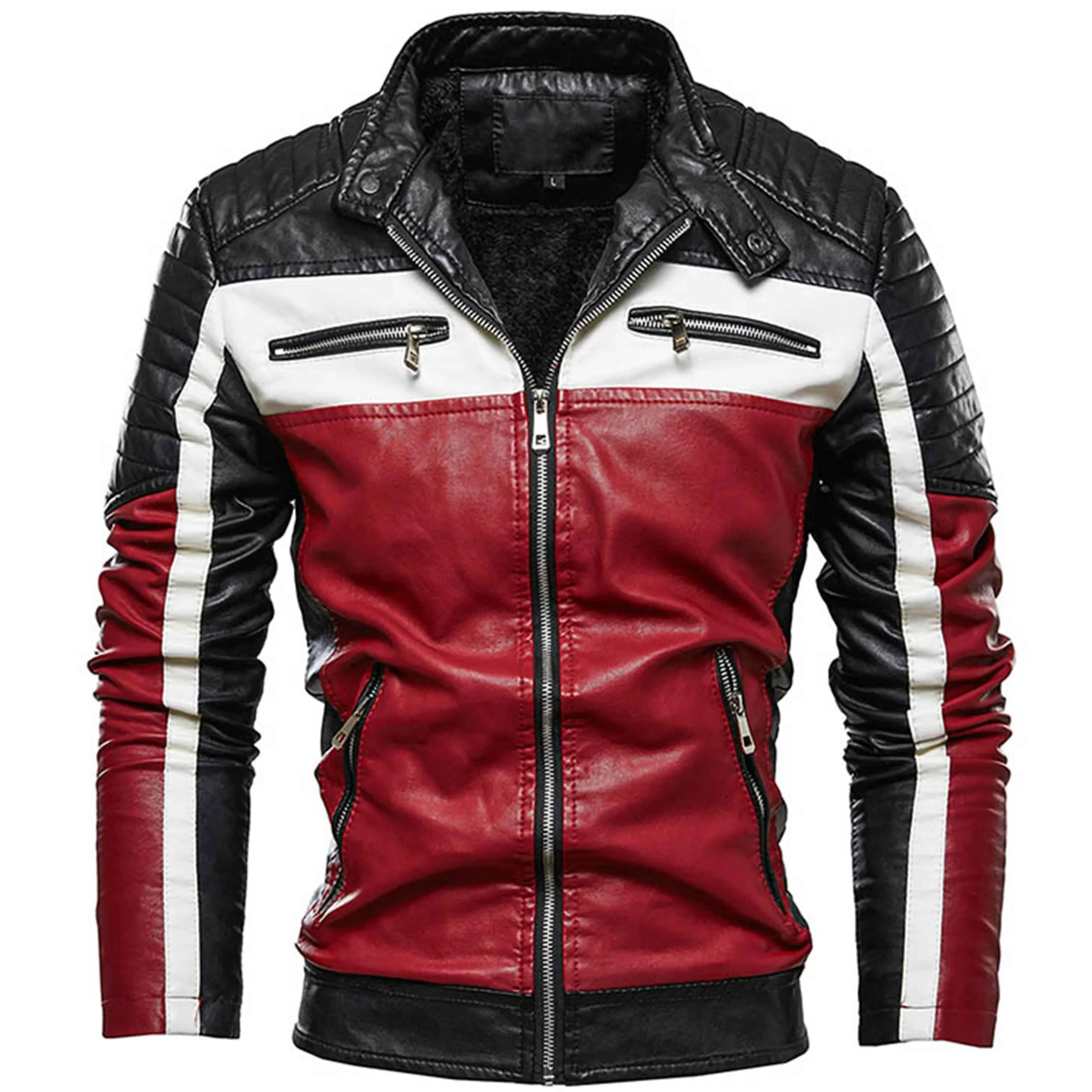 Veste de moto d'hiver en cuir pour hommes manteaux en pu col montant doublés en polaire couleur bloc faux cuir vestes fermeture éclair outwear