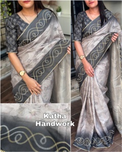 Evergreen tasarımcı elbise Tusser pamuk Saree bluz tasarımcı el <span class=keywords><strong>Katha</strong></span> ve dijital baskı iplik iş Online alışveriş hindistan