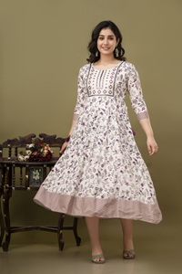 现代传统设计师人造丝Anarkali Kurti最新梭织箔印花刺绣作品出口价格 - Product Image 2