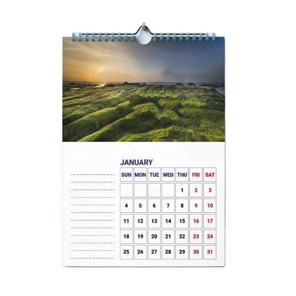 Calendario de pared personalizado de fábrica, impresión 2023, tamaño grande, anual, con suspensión, venta al por mayor