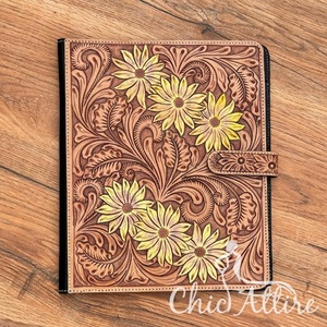 Mão-Tooled Carteira De Couro Floral Planejador De Girassol Ocidental Almofada Legal <span class=keywords><strong>Notebook</strong></span> Envelope Binder Novas Capas De Jornal Floral