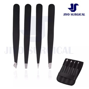 Professional Black Elbow Tweezers Set Four Piece Stainless Steel Precision Plucker With <strong>Compact</strong> Carry Case CE ISO Certified