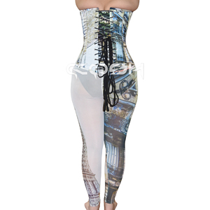 Overbust steelboned thời trang và tập thể dục mặc Eiffel tháp in satin Corset với phía trước busk đóng cửa, Corset Nhà cung cấp - Product Image 4