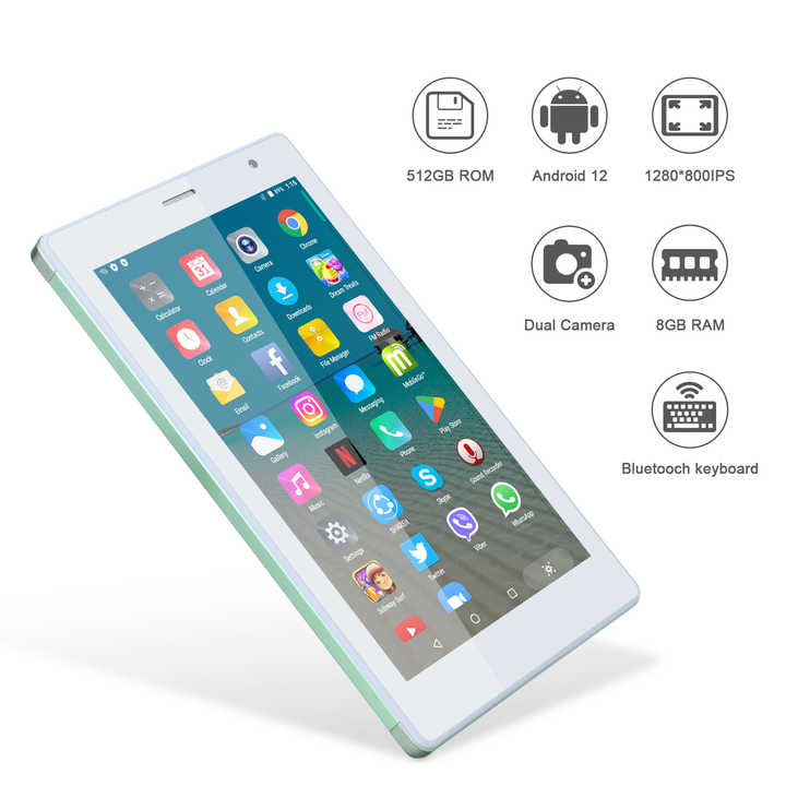 C idea Chine nouvelle tablette Android 12 Quad Core 8 Go + 512 Go de stockage WIFI Portable 7 pouces tablette pour adultes jeux avec SIM (vert)