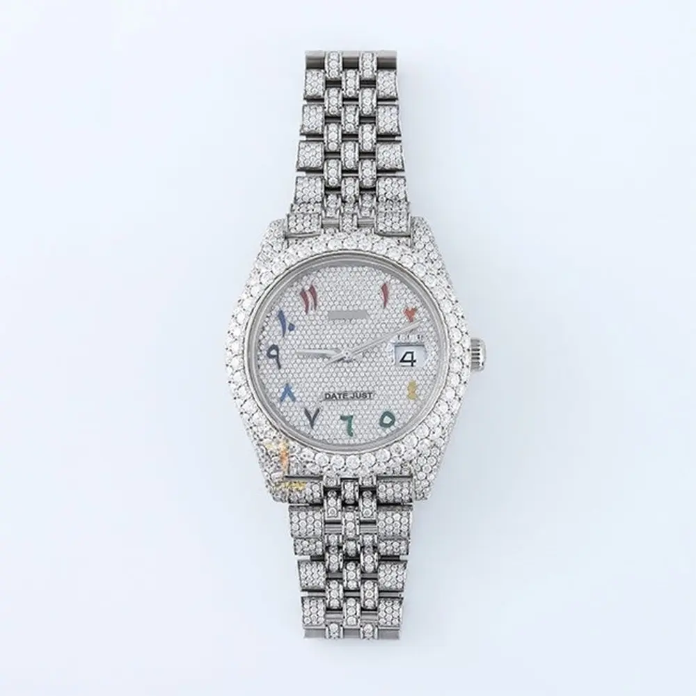 Luxury Handmade Iced Out Arabic Number Dial Date Just Moissanite Diamond Unisex Wrist Watch for men and Women