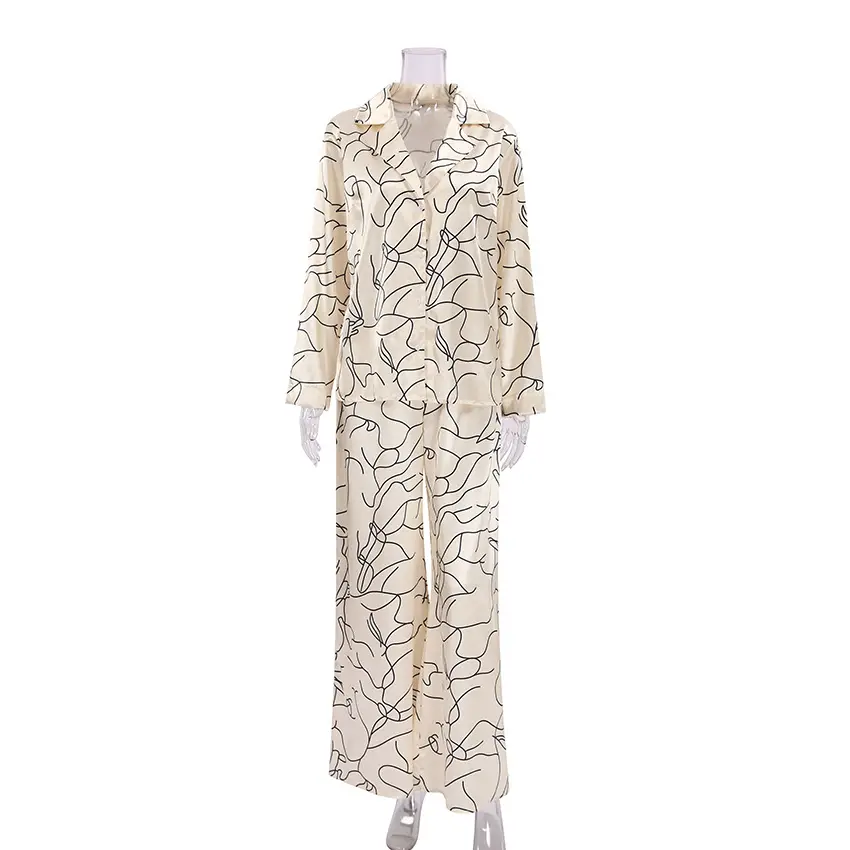 Pyjama en Satin de soie glacée chemise de luxe en Satin imprimé deux pièces pour femmes