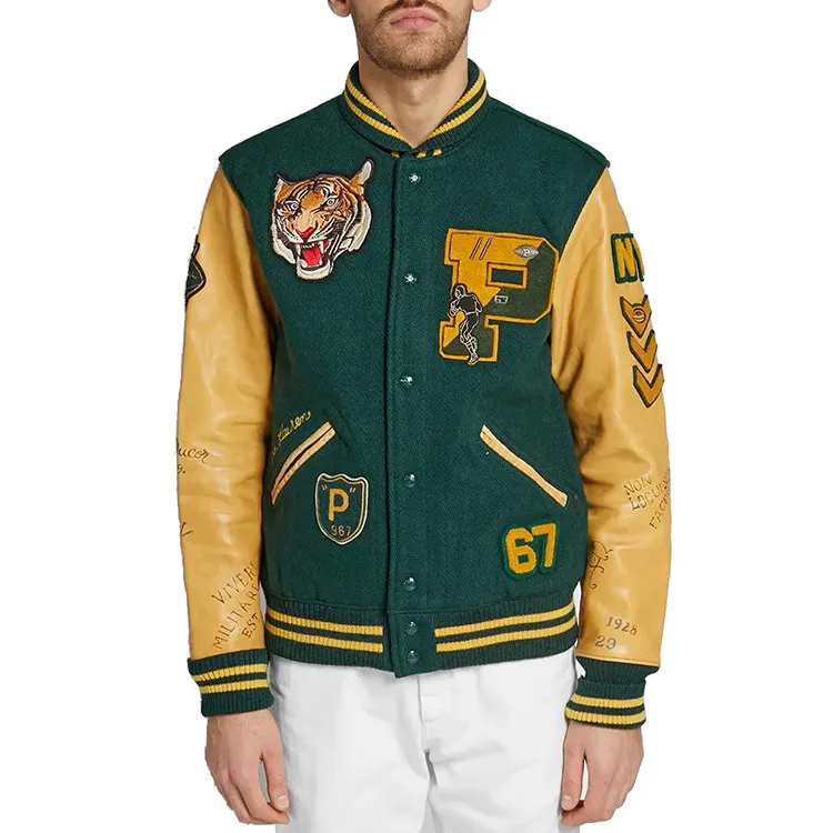 Jaqueta de beisebol masculina de lã lisa personalizada para homens, jaqueta de liceu para homens, com letras bordadas, marca própria, atacado em branco