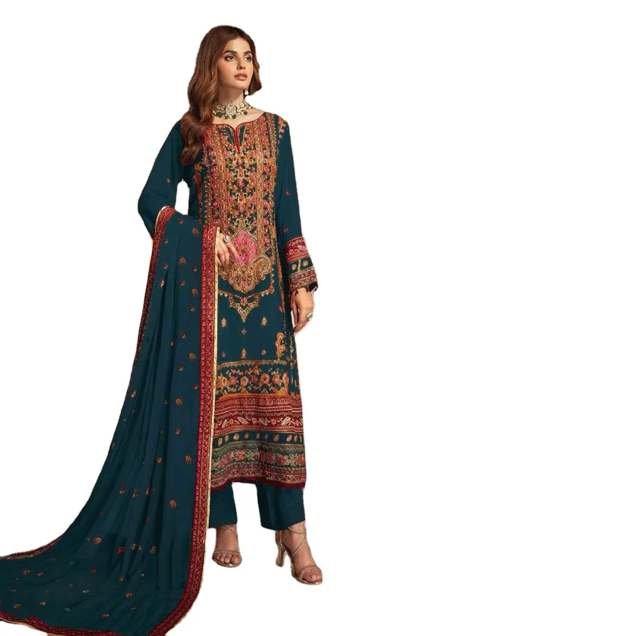 أحدث التصاميم الهندية الأنيقة فستان باكستاني مطرز بالتسلسل ملابس حفلات العمل كورتي
