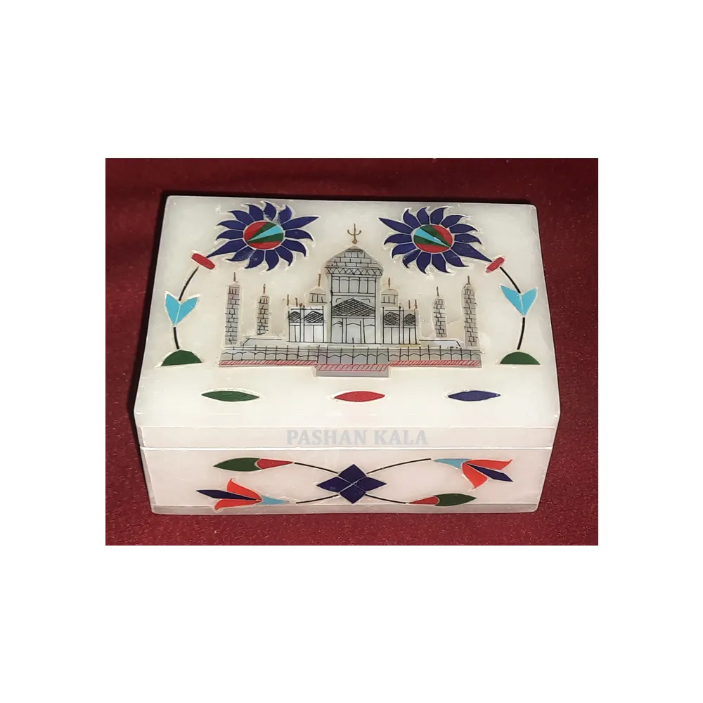 Güzel Taj Mahal tasarım standart boyut yüksek kalite kakma kutuları beyaz mermer anne inci dikdörtgen şekil mermer kutuları