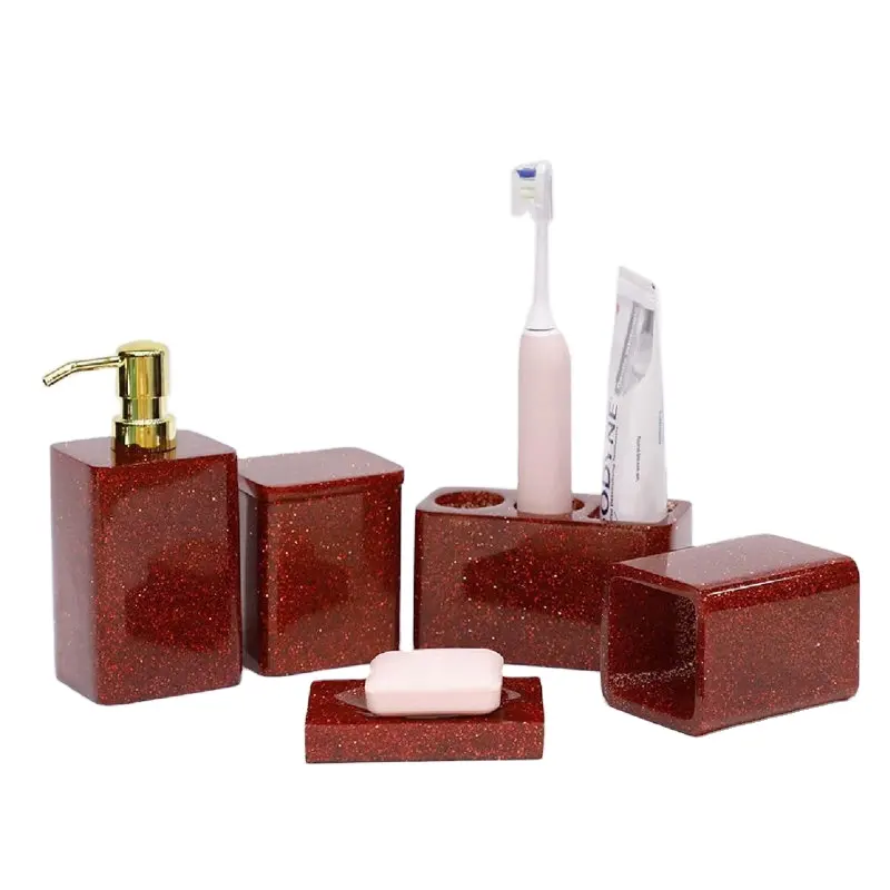 5 piezas de juegos de decoración de baño de resina roja con dispensador de loción jabonera vaso soporte para cepillo de dientes soporte de Punta elementos esenciales de baño