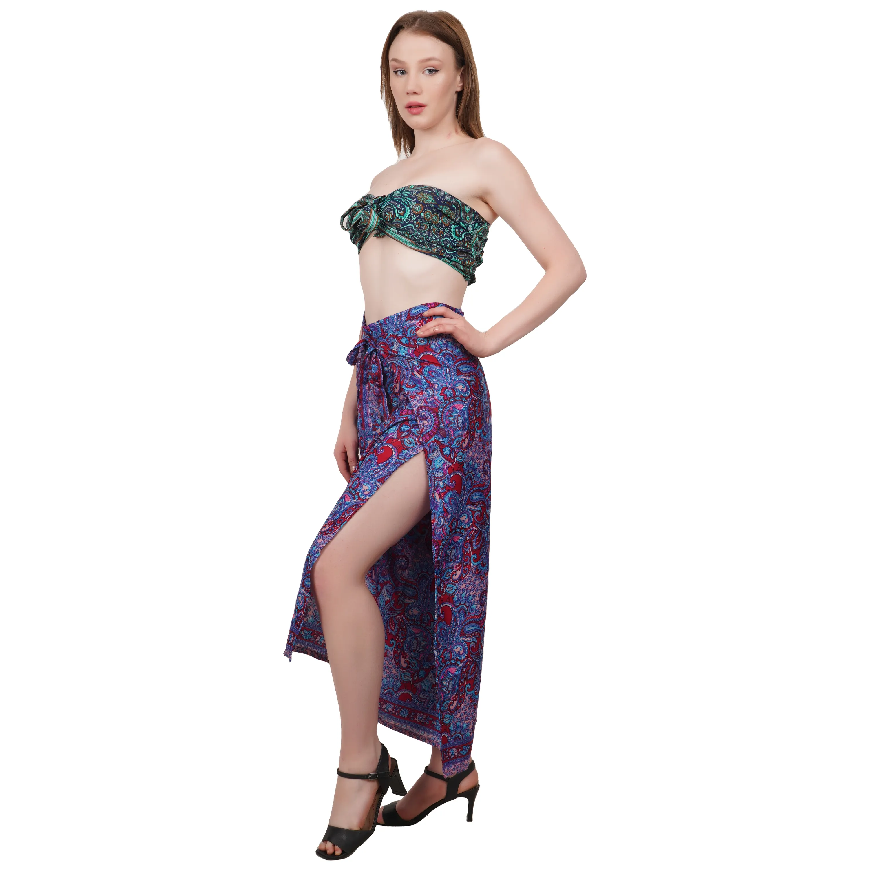 Pantalones de pantalón con panel de corte lateral estampado con diseño Floral de estilo pescador abierto de tela de seda de calidad superior para niñas y mujeres