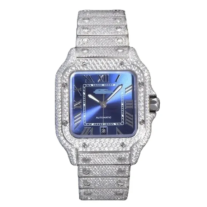 Jam tangan baja tahan karat pria wanita, arloji mekanis mewah kelas atas penuh Bling berlian VVS Moissanite Hip Hop Iced Out