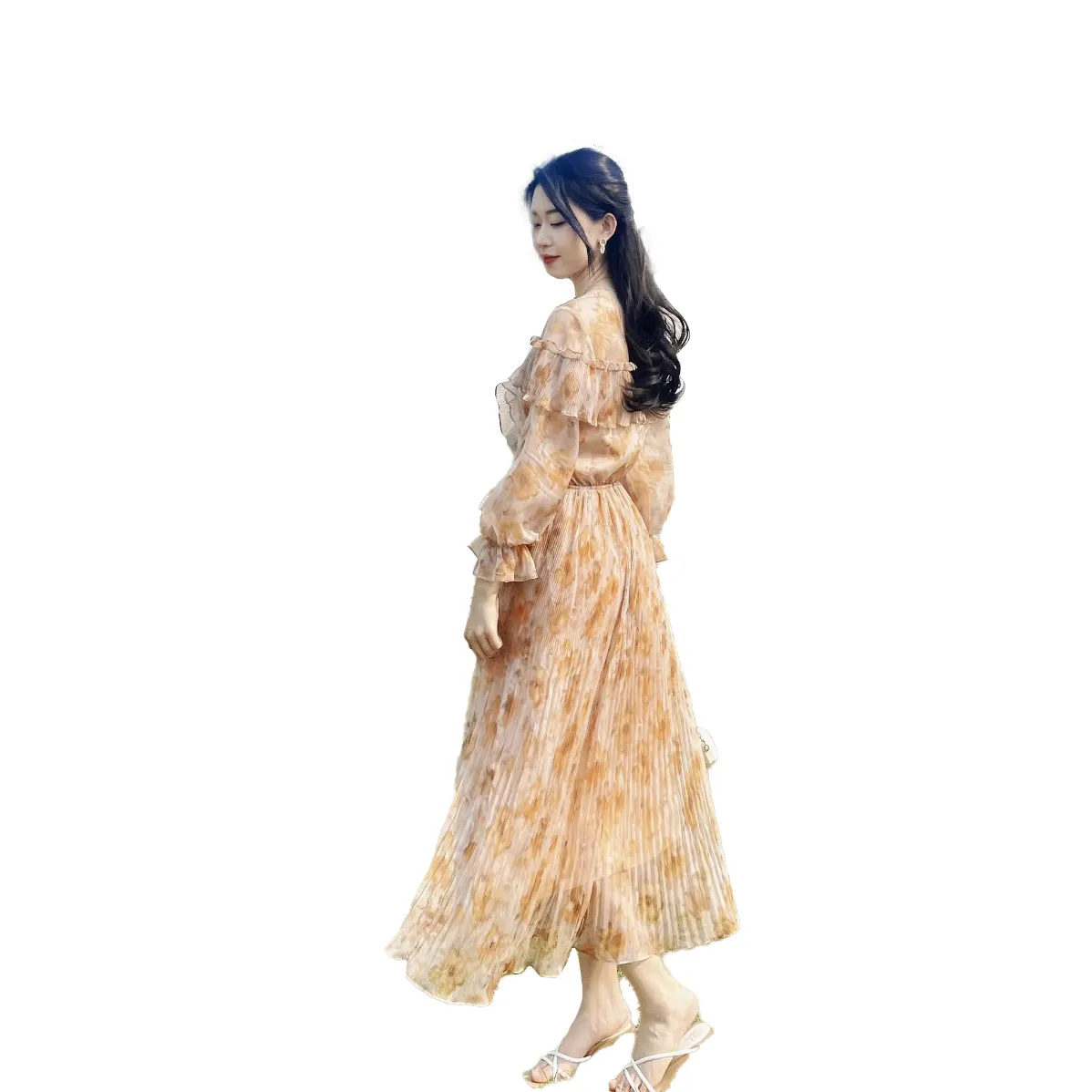 विटेनामी-निर्मित फैशन ग्रीष्मकालीन सुरुचिपूर्ण लैला ओ दाई पुष्प चिफऑन मैक्सी पोशाक महिलाओं के लिए लंबी आस्तीन के साथ