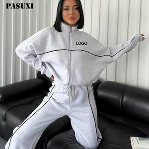 Pasuxi באיכות גבוהה מזדמנים צבע אחיד בגדי ספורט לנשים להגדיר שרוול ארוך העליון ואת רוכסן הרגל עיפרון מכנסיים עם כיסים