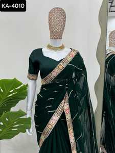 インドの結婚式とシーケンスの仕事Faux Georgette高級ウェディングパーティーウェアファッションデザイナーPure Banarasi Zari織り仕事サリー