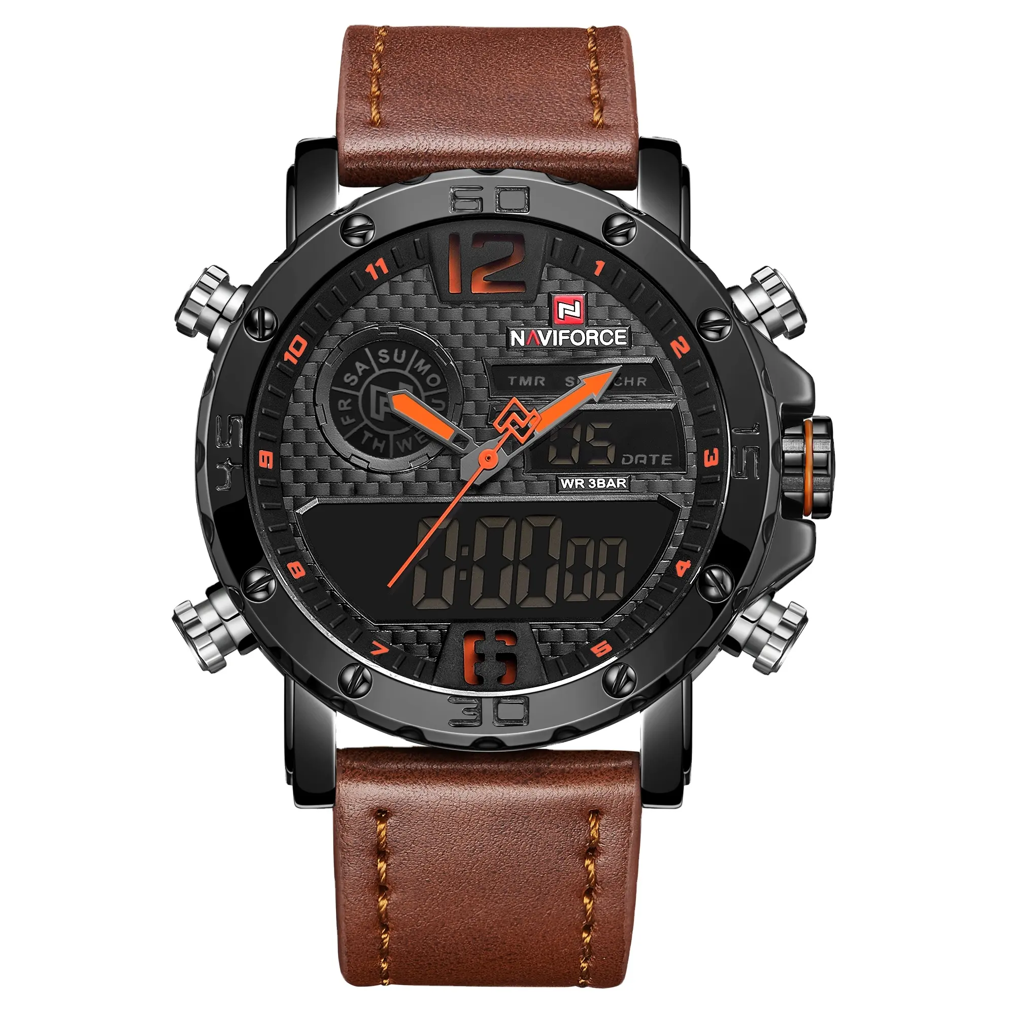 Naviforce 9134 Mannen Horloges Luxe Merk Mannen Lederen Sport Mannen Horloge Quartz Led Digitale Klok Waterdicht Polshorloge