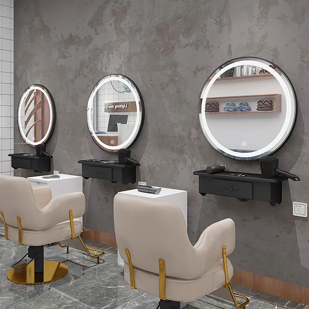 Salón de peluquería, nuevo estilo, muebles de salón de peluquería, iluminación Led de belleza, espejo de salón, maquillaje redondo, corte de pelo, espejo de pared inteligente