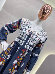 Hindistan'da pamuk ipliği nakış tasarımcısı Plazo Set parti vesilesiyle el yapımı ile etnik kadın Rayon baskılı üst - Product Image 3