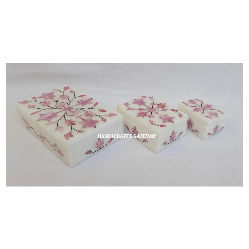 Accesorios de joyería de tamaño personalizado gran oferta caja de mármol artesanía con diseño de flores Color Rosa madre de perla Rectangular