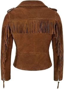 Amerikan tarzı moda boncuklu uzun kollu hakiki inek deri saçak batı ceket Cowgirl kahverengi deri kadın batı ceket - Product Image 3