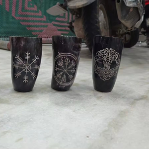 Saniya Handicrafts Customized Logo Printed Polished Black Glass Drinking <strong>Horn</strong> <strong>Cup</strong> Inspired by the Buffalo Viking Animal Style - Product Image 1