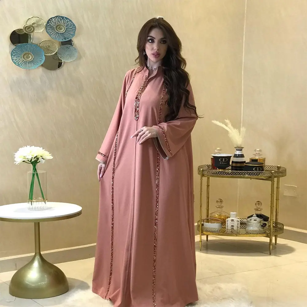 Đầm Maxi Trang Trí Băng Kim Cương Áo Choàng Hồi Giáo Dubai Thổ Nhĩ Kỳ Thổ Nhĩ Kỳ Ả Rập Dài Tay Cổ Đứng Mùa Thu Cho Nữ