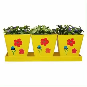 一套3个花盆花园装饰花盆黄色和花卉设计方形香草容器花园家居装饰花盆