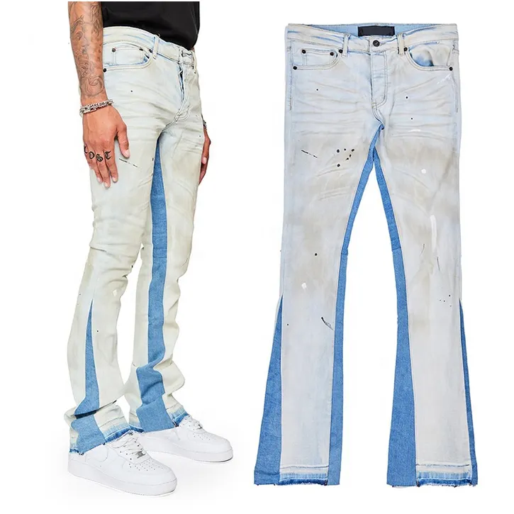 Hot Selling vintage Distress Hole Flare jeans Fit White Blue Denim Pants Custom stacked jeans for men