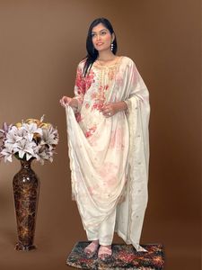Kundan Organza Suit With Embroidery <strong>Coding</strong> Dori <strong>Sequence</strong> With Stone Mirror Hand work Top Pant Dupatta Set By Export