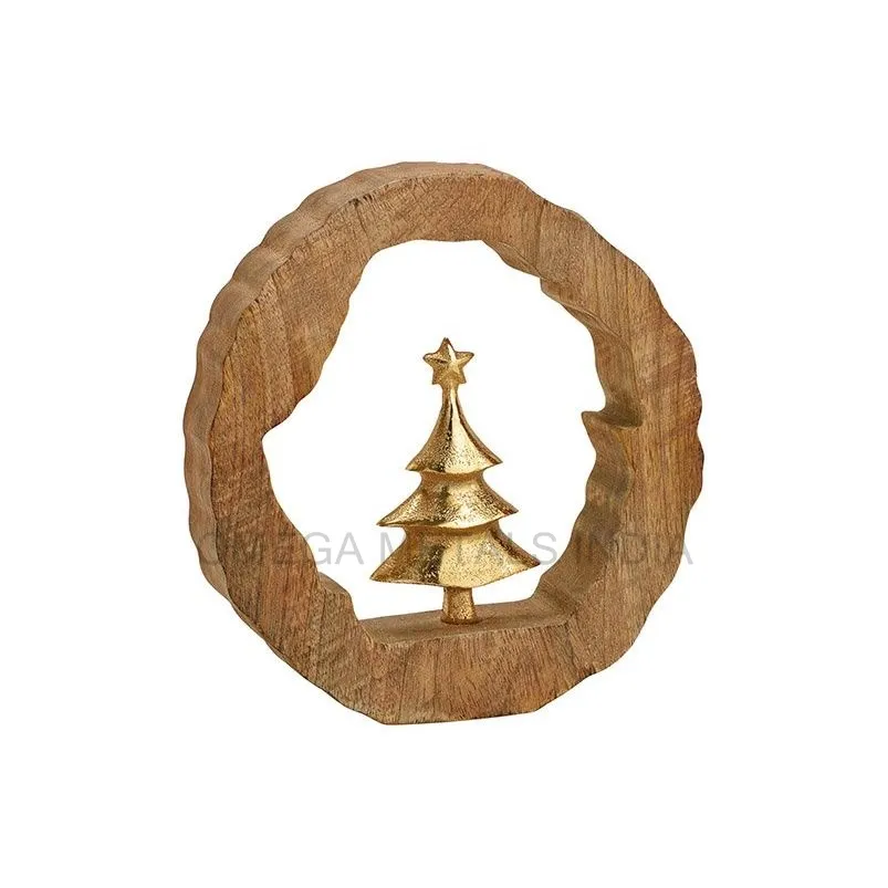 Alla moda elegante albero di natale a forma di ornamento e figurina di lusso in oro rifinito con cerchio in legno Base a buon mercato