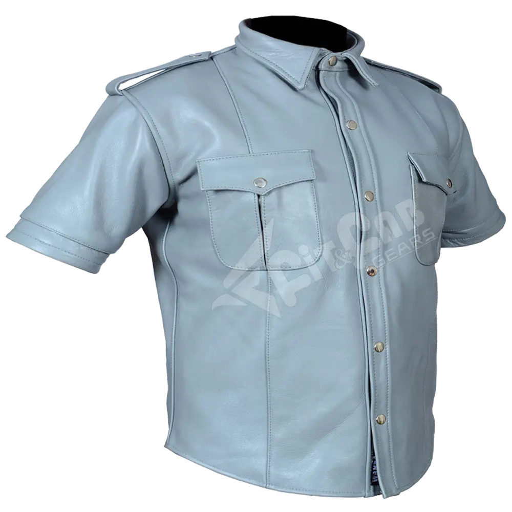 Chemise en cuir véritable gris pour hommes, nouveau Design personnalisé, manches courtes, boutonné, Style Police, 2022