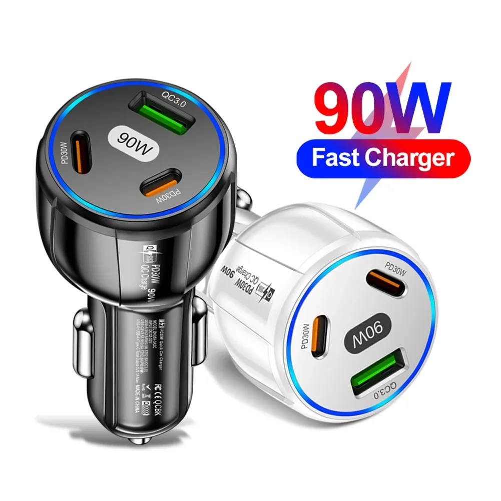 90W USB Car Charger 3 Port PD Type C Fast Charging Car Phone Adapter For iPhone 15 14 13 Samsung Quick Charge Charger In Car