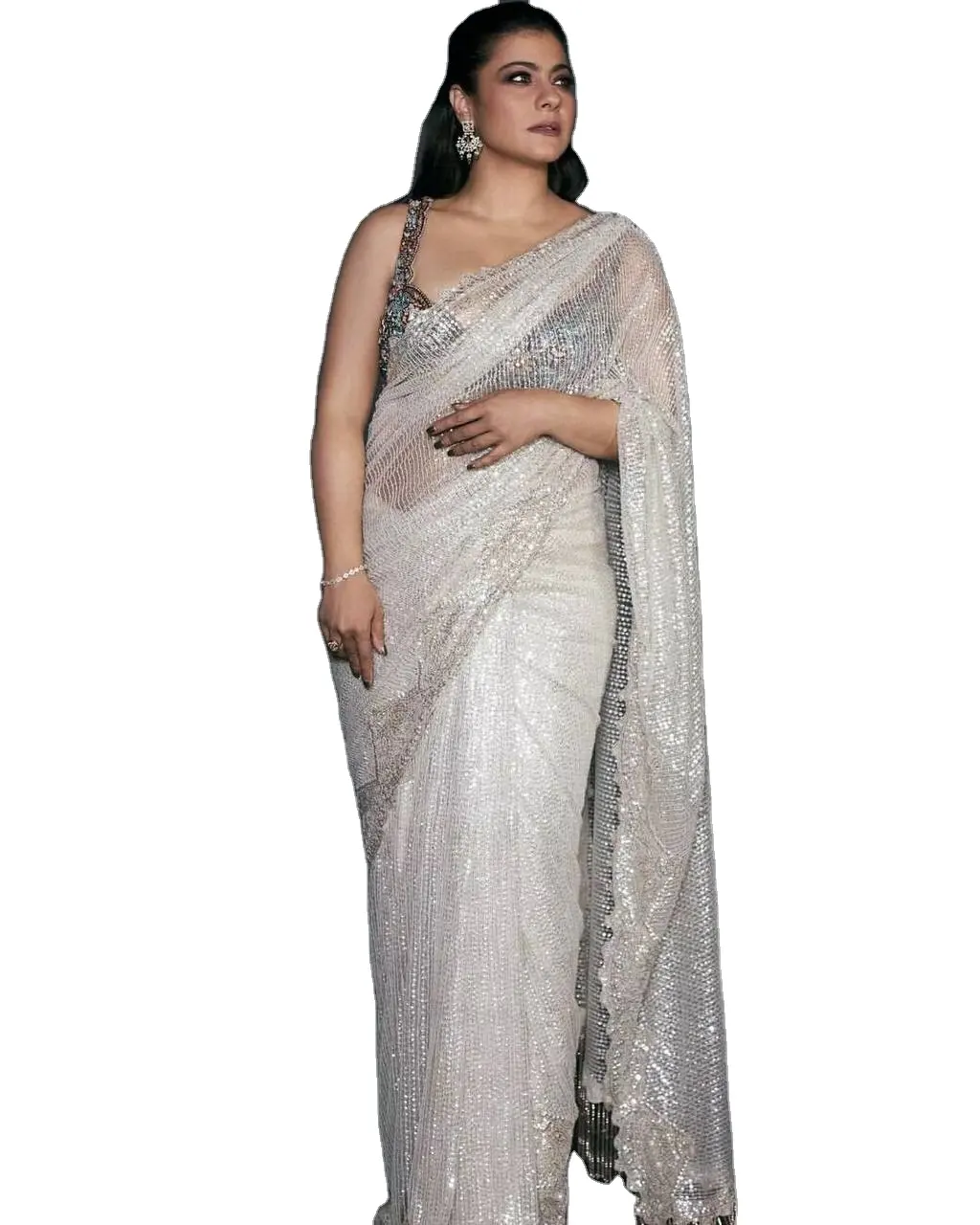 Elegant Ouderwets Pastel Sequentie Werk Mono Net Wit Gekleurd Net Feestkleding Saree Voor Vrouwen