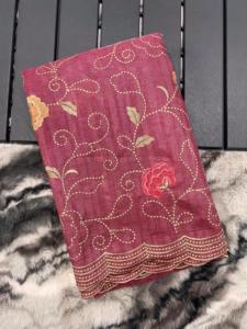 Zarif saf tusilk ipek Sari ile karmaşık Jaal çiçek nakış zarif Cutwork sınır geleneksel hint pakistan tarzı - Product Image 4