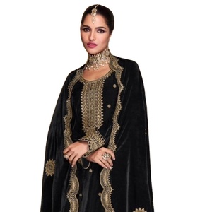 Saf kadife ile ağır nakış boyun Damian takım elbise ile pantolon ile nakış Dupatta online satış için Suit