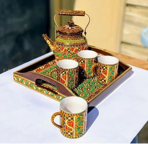 スワティ伝統芸術手描きセラミックカップとスチールティーポットセット、ケトルセット付き手描きデザイナーセラミックティーカップセット - Product Image 6