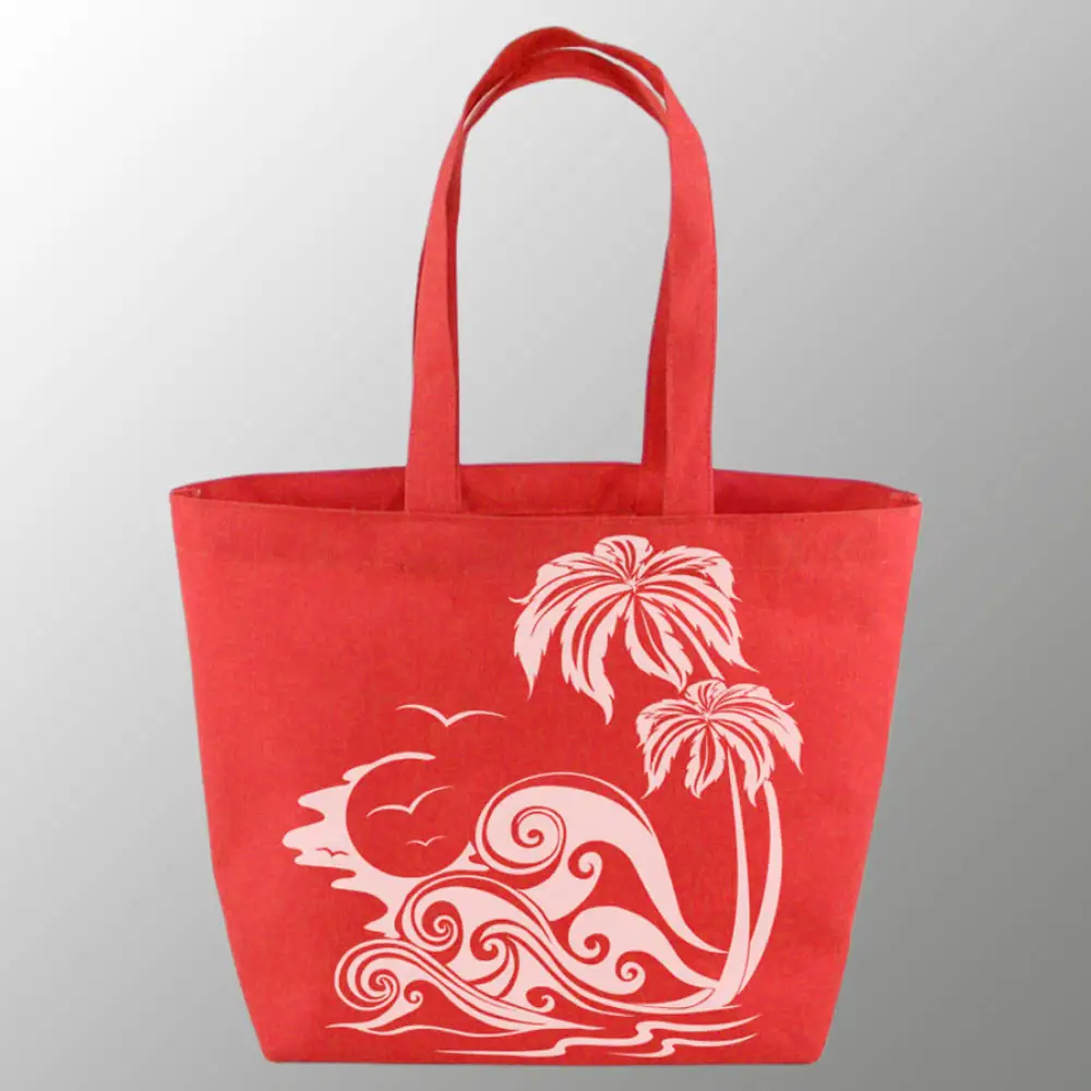 Logo sanat veya tasarım ile basılmış kırmızı juco alışveriş çantası yuvarlak alt uzun kolları