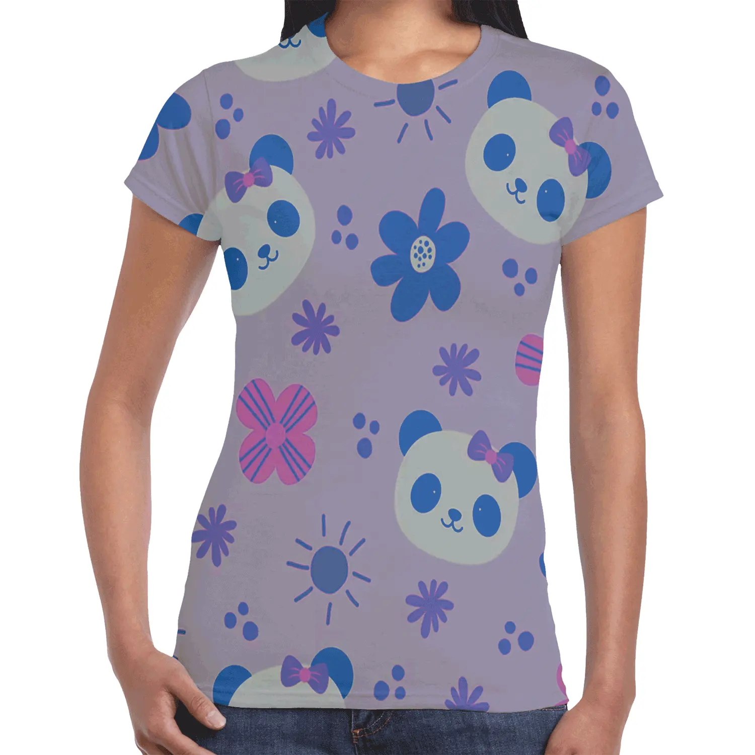 Camiseta informal con estampado completo para mujer, camiseta de manga corta de algodón con cuello redondo/poliéster de punto con logotipo personalizado, camiseta de secado rápido para mujer