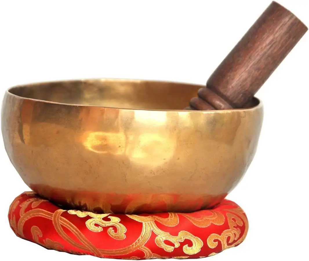 Tigela de madeira para cantar 7 polegadas, metal com entalhador e almofada para yoga meditação superb coroa chakra antiga