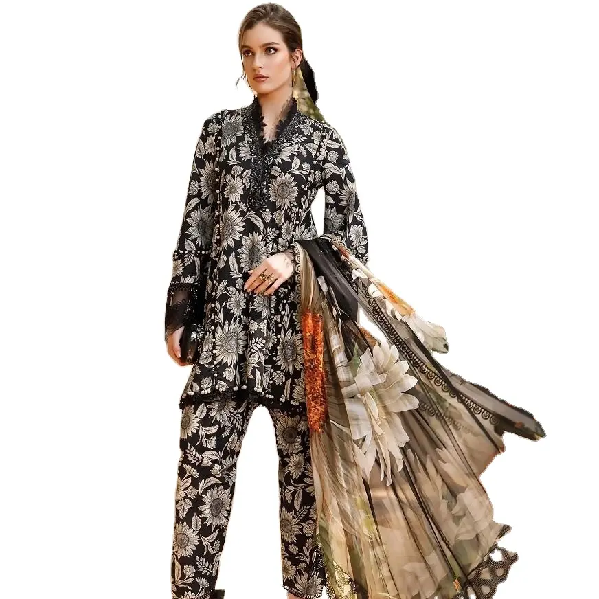 Костюм из чистого хлопка с принтом в виде лужайки с эксклюзивными нашивками с вышивкой, праздничная одежда, пакистанское платье для взрослых, онлайн распродажа