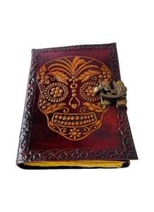 Handmade Soft Genuine Leather Day of the Dead Skull Embossed Design <strong>Notebook</strong> <strong>With</strong> Brown &amp; Yellow <strong>Color</strong> Journal Writing <strong>Note</strong> Book - Product Image 5