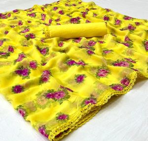 Saf şifon fantezi dantel sınır ve fantezi bluz hafif Saree dijital çiçek baskı gündelik giyim