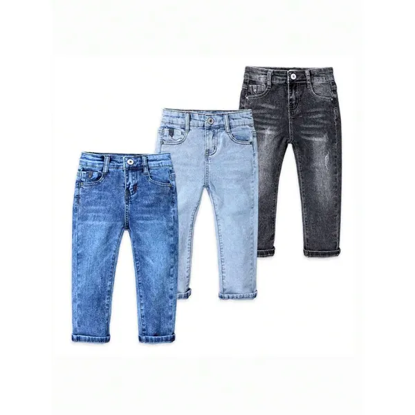 Calça jeans infantil com cintura elástica para meninos, roupa infantil com novo design, preto e azul, novo design