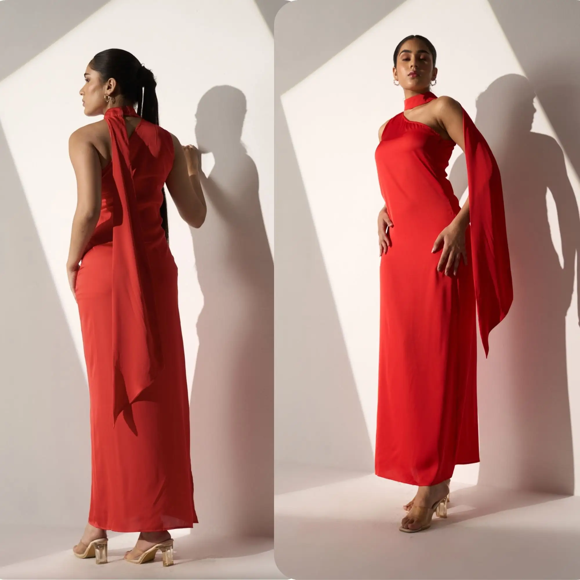 女性用のシックなレッドホルターネックマキシドレス-フォーマルなイベント用のサイドスリット付きのエレガントなイブニングドレス