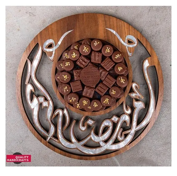 Fabriek Koop Ramadan Eid Gift Ronde Acacia Hout Mop Inlay Chocolade Dienblad Parelmoer Dessert Dienblad