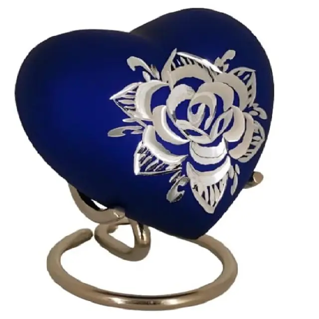 Urna de recuerdo clásica en forma de corazón para cenizas humanas con caja y soporte color azul tinta con diseño de corte de diamante tamaño personalizado