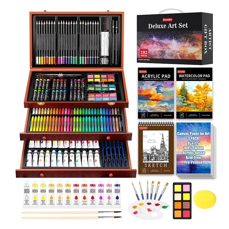 Set de stylos de couleur multifonctionnels Boîte en bois portable pour enfants Art Painting Rainbow Pigment Art Set